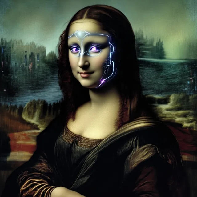 The Mona Lisa reimagined as a futuristic android, rendered in a digital art style that… - MiniMax Image-01