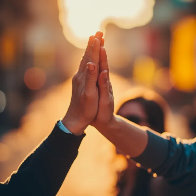 Two people high-fiving, with focus on their hands meeting mid-air. - MiniMax Image-01