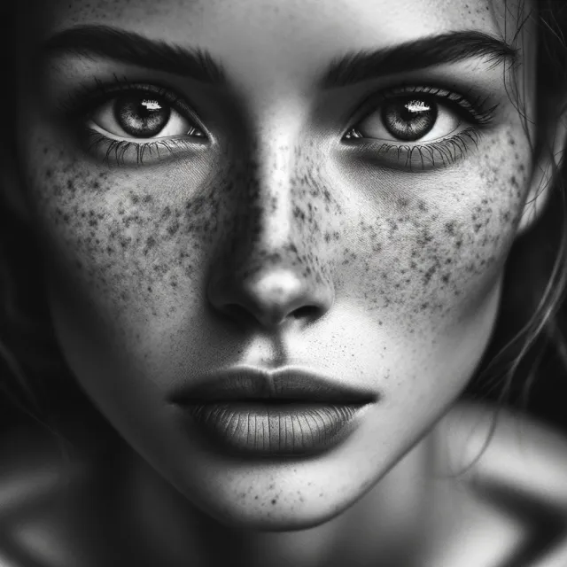 A black and white close-up portrait of a freckled woman with an intense gaze - OpenAI DALL-E 3