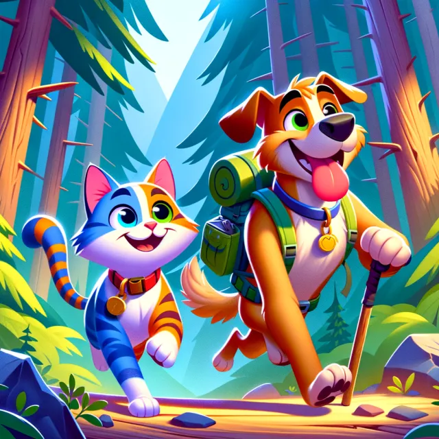 A cartoon of a cat and a dog on an adventure, drawn in a colorful 2D style - OpenAI DALL-E 3