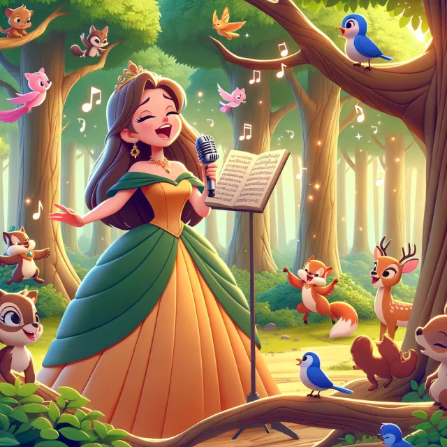 A classic Disney-like 2D cartoon princess singing with animals in a forest - OpenAI DALL-E 3