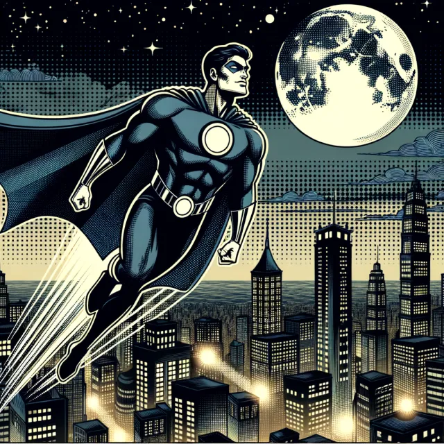 A comic-book style superhero flying over a city at night, with halftone shading - OpenAI DALL-E 3