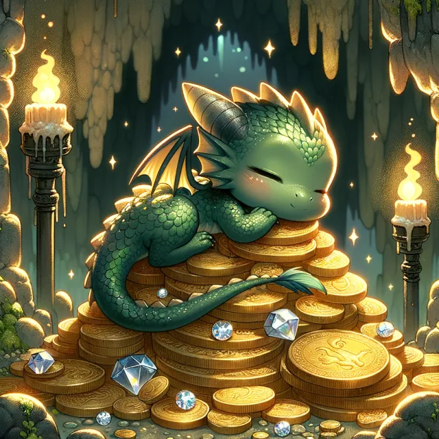 A cute chibi-style dragon sleeping on a pile of gold - OpenAI DALL-E 3