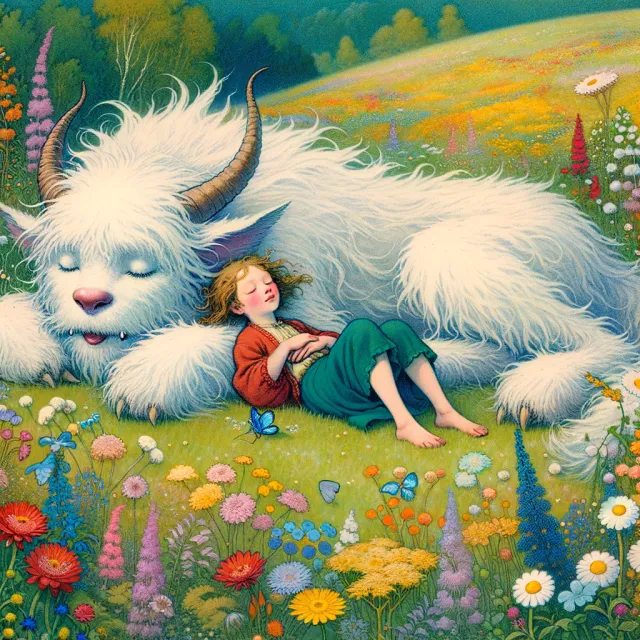 A girl and a giant fluffy creature napping in a wildflower meadow. Reproduce the art… - OpenAI DALL-E 3