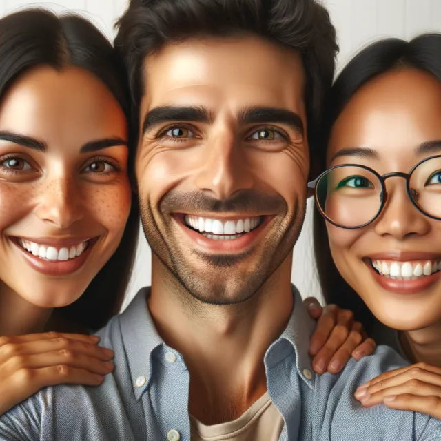 A group selfie of three friends of different ethnic backgrounds smiling at the camera. - DALL-E 3
