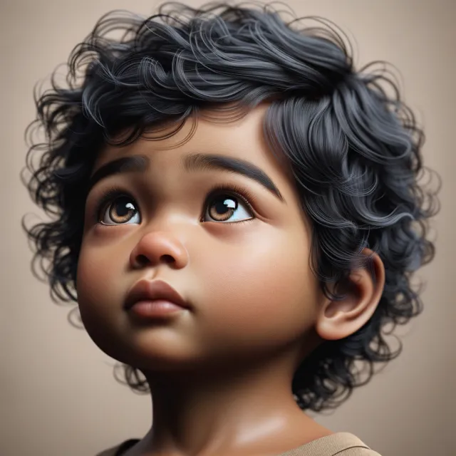 A hyper-realistic photo of a toddler with curly hair and big eyes, looking upward - OpenAI DALL-E 3