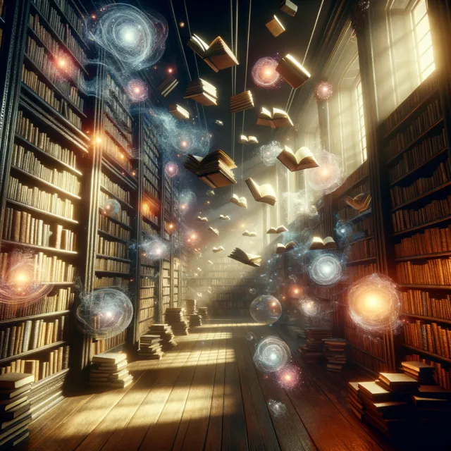 A library where the books are glowing and floating in mid-air, illustrated in a magical… - OpenAI DALL-E 3