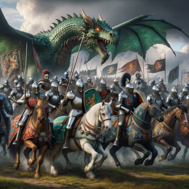 A medieval battlefield with knights on horseback and a dragon flying overhead - OpenAI DALL-E 3