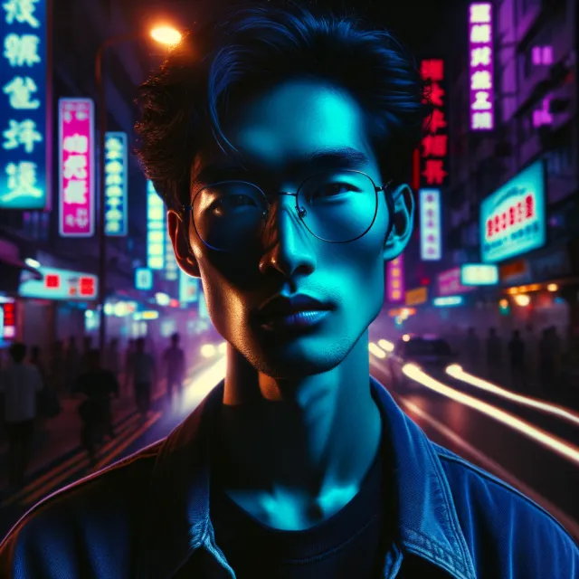 A nighttime portrait of a man lit by neon signs on a city street - OpenAI DALL-E 3