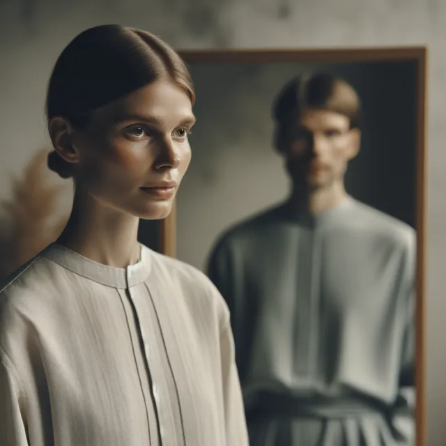 A person standing before a mirror, with their front and reflected back both visible - OpenAI DALL-E 3