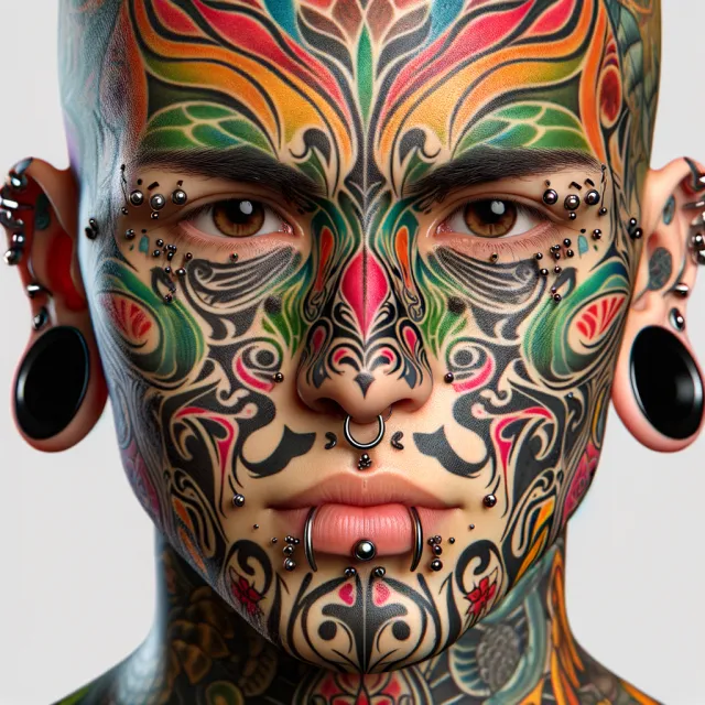 A portrait of a person with elaborate facial tattoos and piercings, shown in sharp detail - OpenAI DALL-E 3