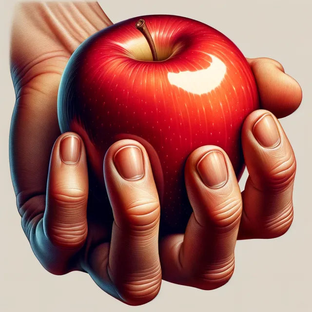 A realistic photo of a hand holding a red apple, with all fingers clearly visible. - DALL-E 3