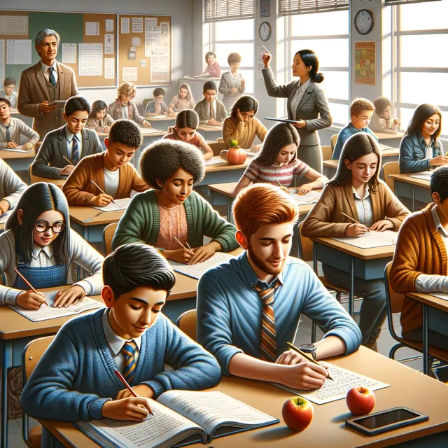 A school classroom of children and a teacher, each student engaged in a different… - OpenAI DALL-E 3