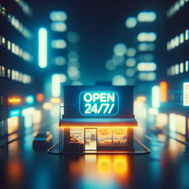A storefront sign that says "Open 24/7" in neon lights, nighttime urban photography - OpenAI DALL-E 3