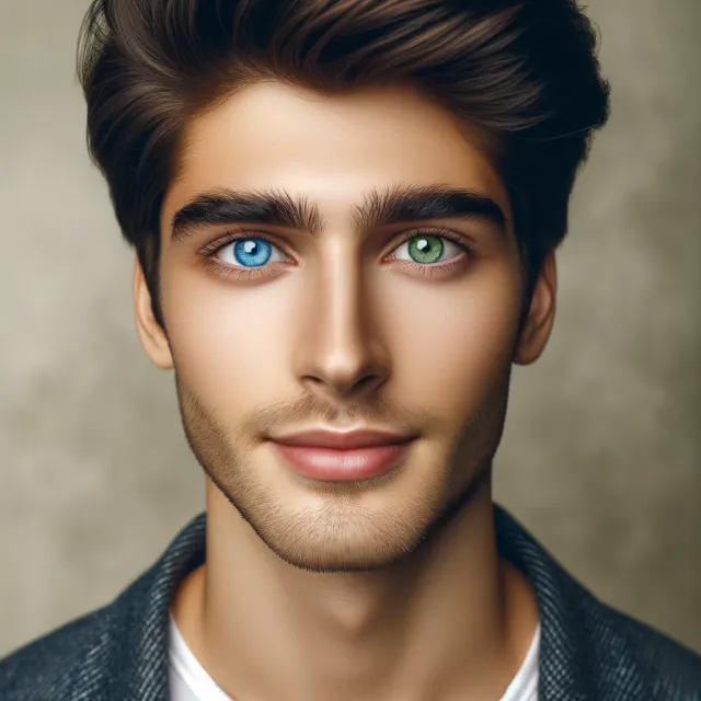 A studio headshot of a young man with one blue eye and one green eye (heterochromia) - OpenAI DALL-E 3