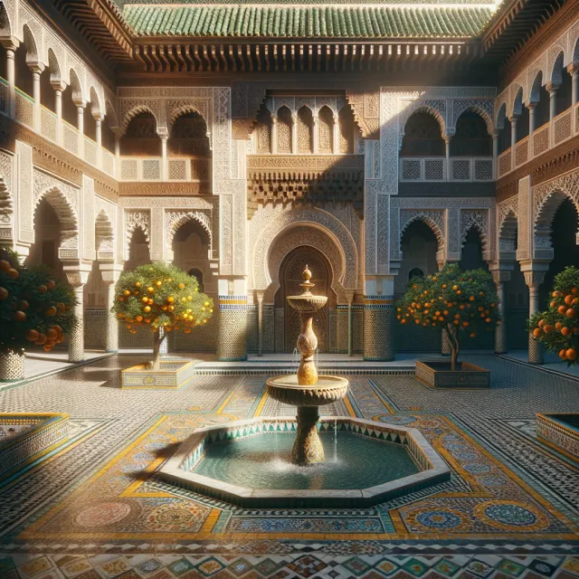 A traditional Moroccan riad courtyard with detailed zellige tilework, flowing fountain… - OpenAI DALL-E 3