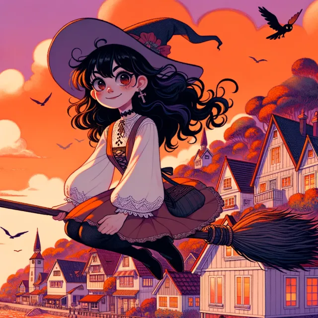 A young witch flying on a broomstick above a coastal town at sunset. Exact art style of… - OpenAI DALL-E 3