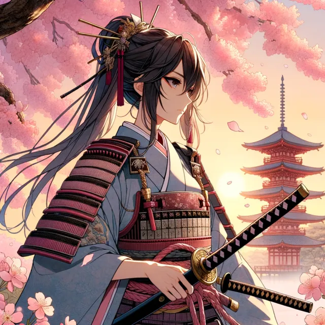 An anime-style portrait of a samurai standing under pink cherry blossoms. - DALL-E 3