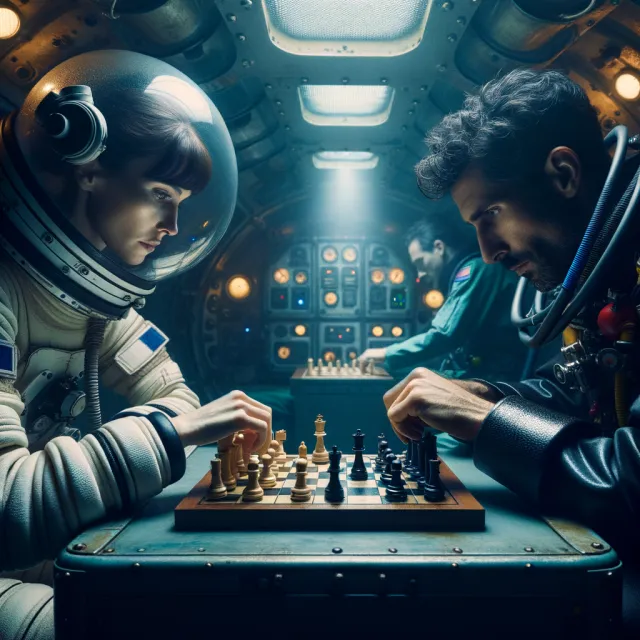 An astronaut and a deep-sea diver playing chess together inside a submarine - OpenAI DALL-E 3