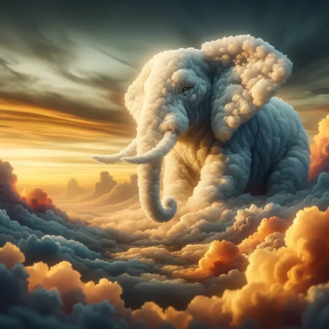 An elephant made of clouds floating in a sunset sky, rendered in a surrealist photorealistic style with ethereal golden lighting and atmospheric depth. - DALL-E 3
