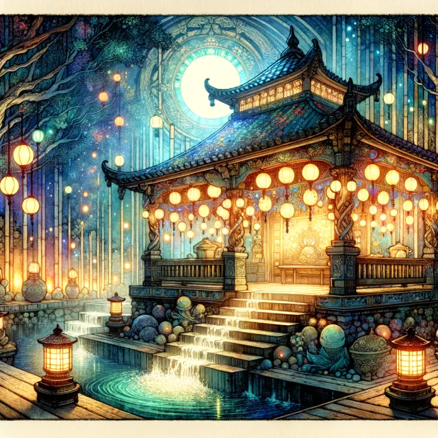 An enchanted bathhouse with glowing lanterns and spirits. Recreate the visual style of… - OpenAI DALL-E 3