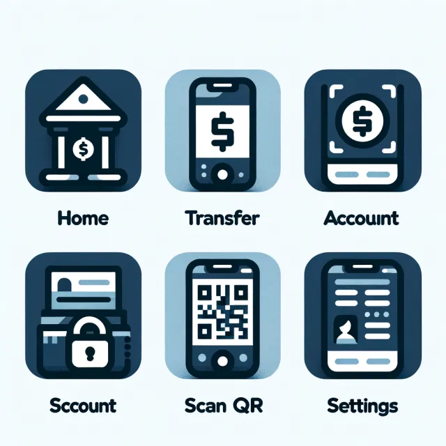 Set of 5 consistent flat design icons for a mobile banking app: 'Home', 'Transfer'… - OpenAI DALL-E 3