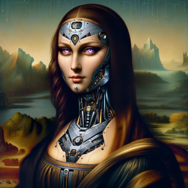 The Mona Lisa reimagined as a futuristic android, rendered in a digital art style that… - OpenAI DALL-E 3