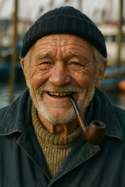 A 4K photo of an old fisherman with a weathered face and a pipe, grinning - OpenAI ChatGPT 4o