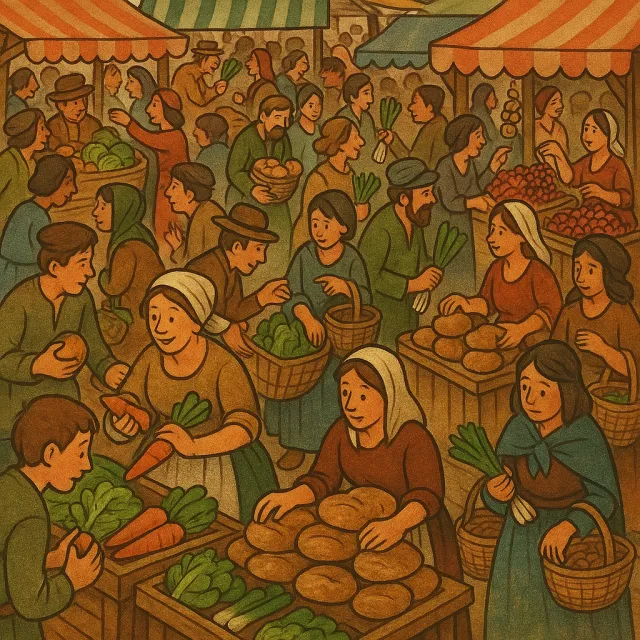A bustling market scene with dozens of people buying and selling goods - OpenAI ChatGPT 4o