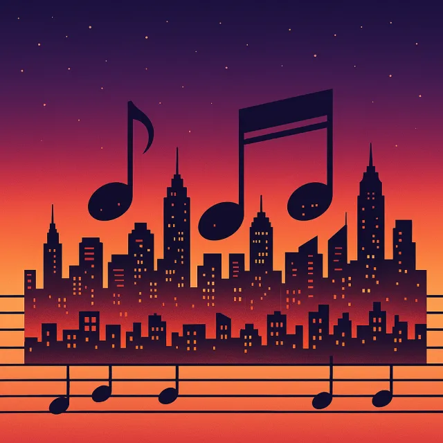 A city skyline that forms the shape of musical notes on a staff, created in a stylized… - OpenAI ChatGPT 4o