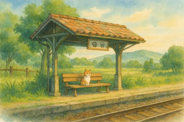 A countryside train station with a cat waiting on a bench. Rendered in Studio Ghibli… - OpenAI ChatGPT 4o