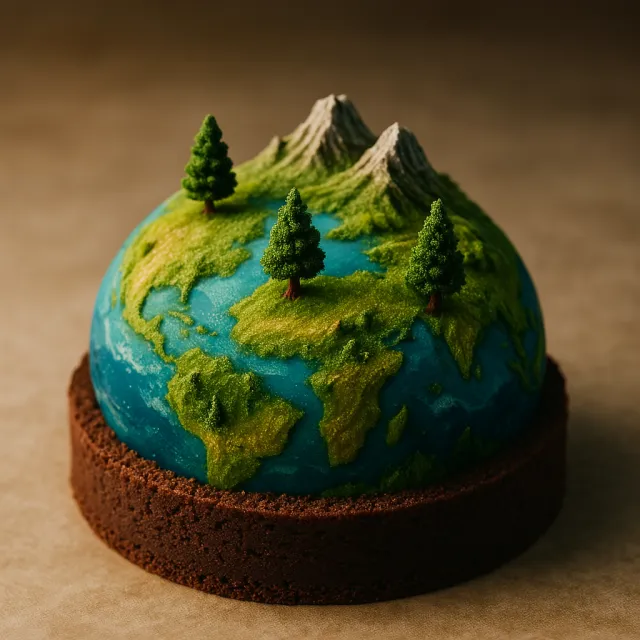 A dessert cake that looks like a tiny planet, complete with miniature trees and… - OpenAI ChatGPT 4o
