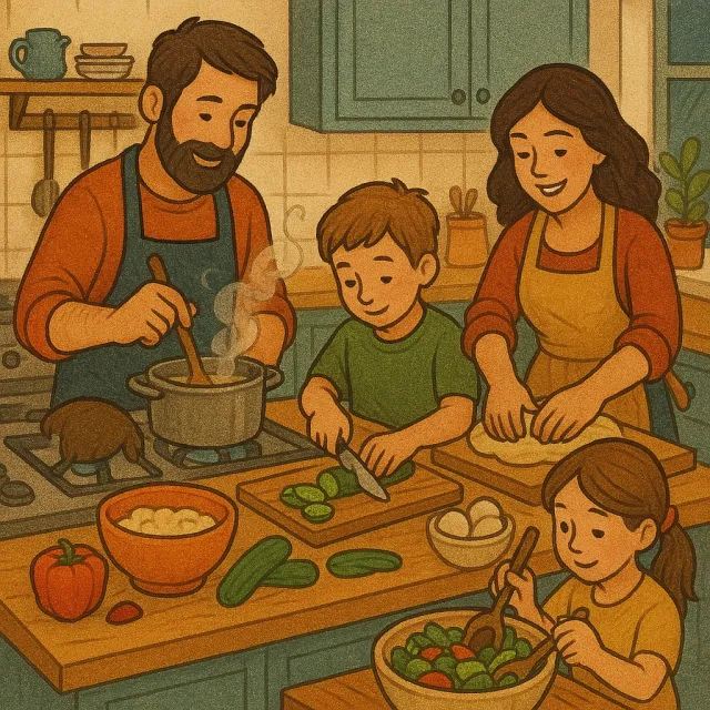 A family cooking together in a kitchen, each person busy with a different task - OpenAI ChatGPT 4o