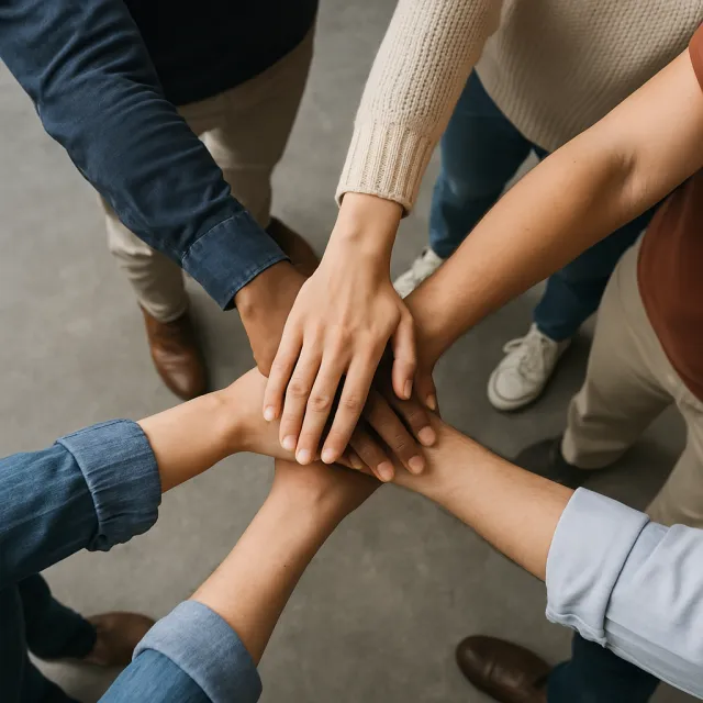 A group of five people joining hands in a circle, seen from above - OpenAI ChatGPT 4o