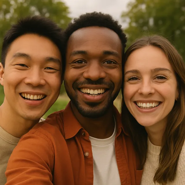 A group selfie of three friends of different ethnic backgrounds smiling at the camera - OpenAI ChatGPT 4o