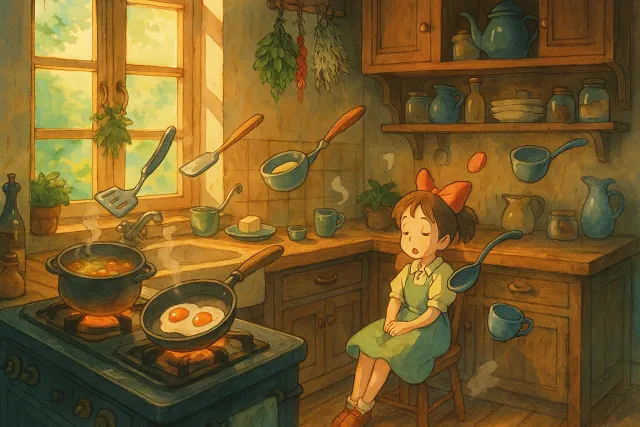 A kitchen with magical cooking implements preparing breakfast. Duplicate the artistic… - OpenAI ChatGPT 4o