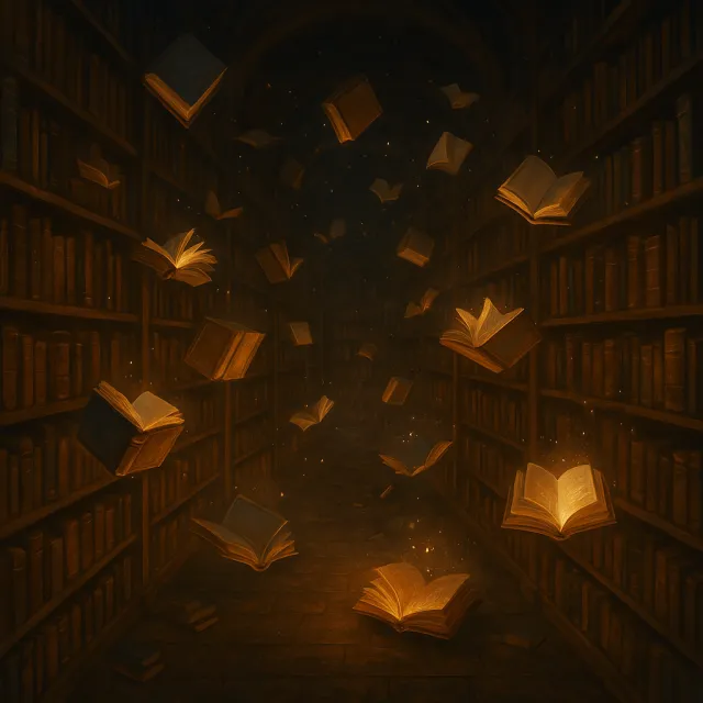 A library where the books are glowing and floating in mid-air, illustrated in a magical realism style with dramatic lighting and rich atmospheric colors. - ChatGPT 4o