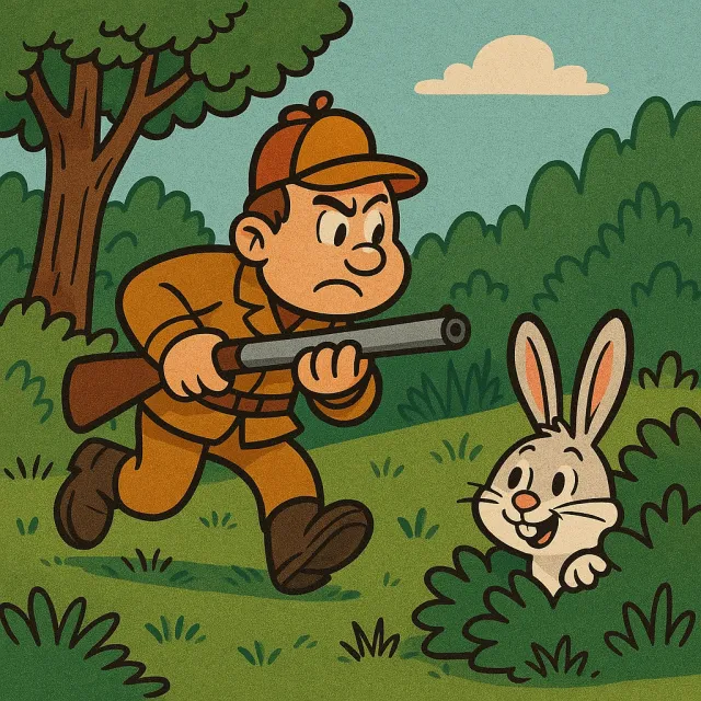 A Looney Tunes-inspired cartoon scene of a clever rabbit tricking a hunter. - ChatGPT 4o