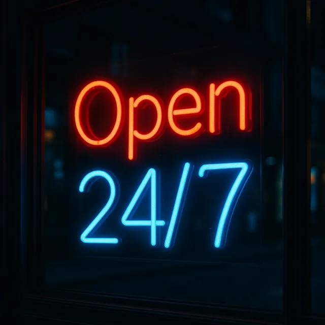 A storefront sign that says "Open 24/7" in neon lights, nighttime urban photography. - ChatGPT 4o