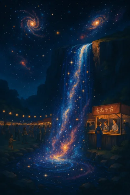 A waterfall that pours out stars and galaxies instead of water, illustrated in a cosmic… - OpenAI ChatGPT 4o