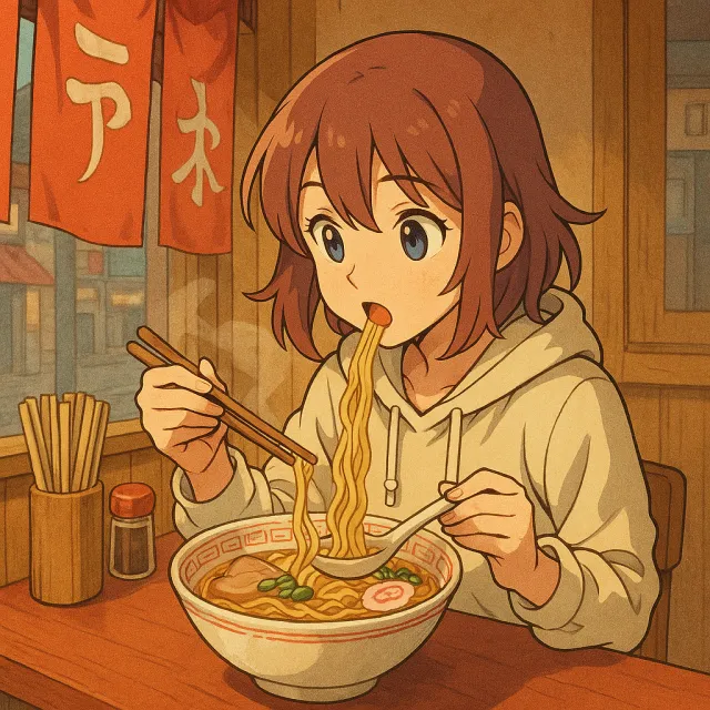 An anime scene of a character eating ramen at a small shop counter (slice-of-life style) - OpenAI ChatGPT 4o