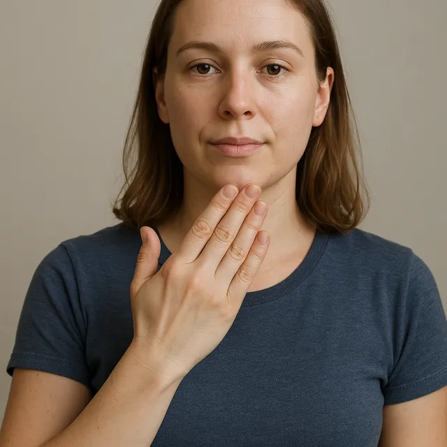Photorealistic close-up portrait of a person clearly performing the American Sign Language gesture for "thank you," hand positioned visibly in front of the chest, clear expression on face, neutral background - ChatGPT 4o