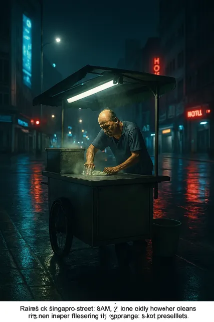 Rain-slicked Singapore street, 3 AM. A lone elderly hawker cleans his cart under one flickering fluorescent light. Steam rises gently. Low-angle shot, photorealistic - ChatGPT 4o