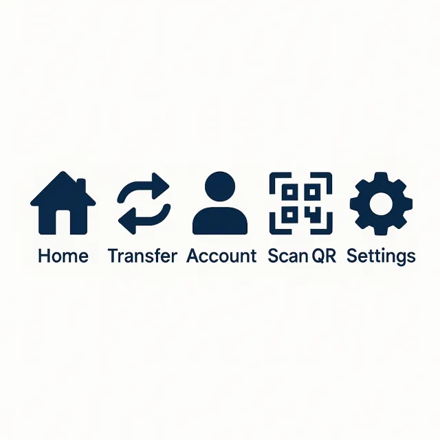 Set of 5 consistent flat design icons for a mobile banking app: 'Home', 'Transfer'… - OpenAI ChatGPT 4o