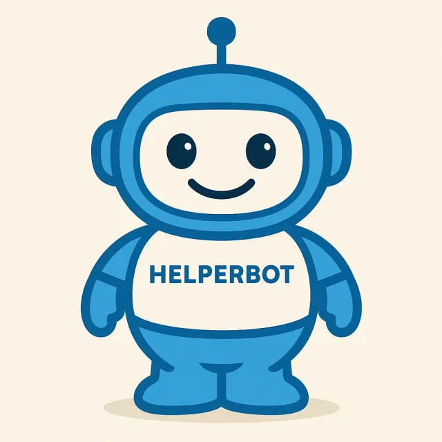 Simple flat vector mascot: friendly smiling robot character 'HelperBot', approachable… - OpenAI ChatGPT 4o