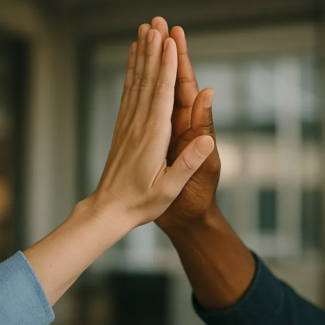 Two people high-fiving, with focus on their hands meeting mid-air - OpenAI ChatGPT 4o