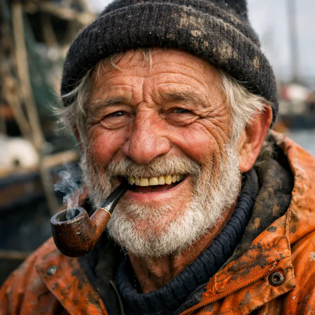 A 4K photo of an old fisherman with a weathered face and a pipe, grinning. - GPT Image 1.5