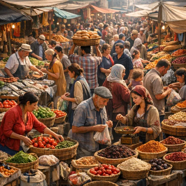 A bustling market scene with dozens of people buying and selling goods. - GPT Image 1.5