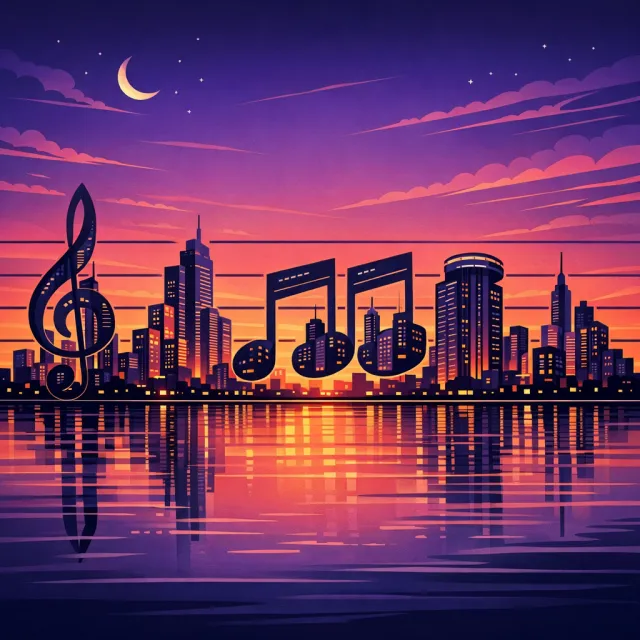 A city skyline that forms the shape of musical notes on a staff, created in a stylized… - OpenAI GPT Image 1.5