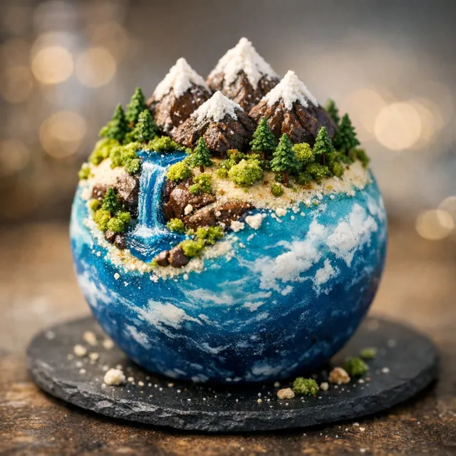 A dessert cake that looks like a tiny planet, complete with miniature trees and… - OpenAI GPT Image 1.5